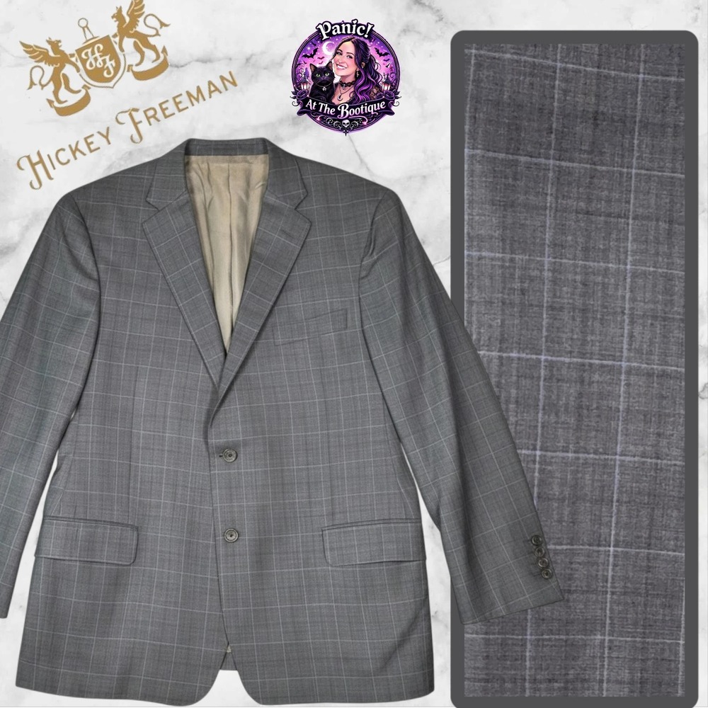 Vtg Hickey Freeman Suit Jacket Men 42 Grey Plaid Wool Silk Blazer Nordstrom USA